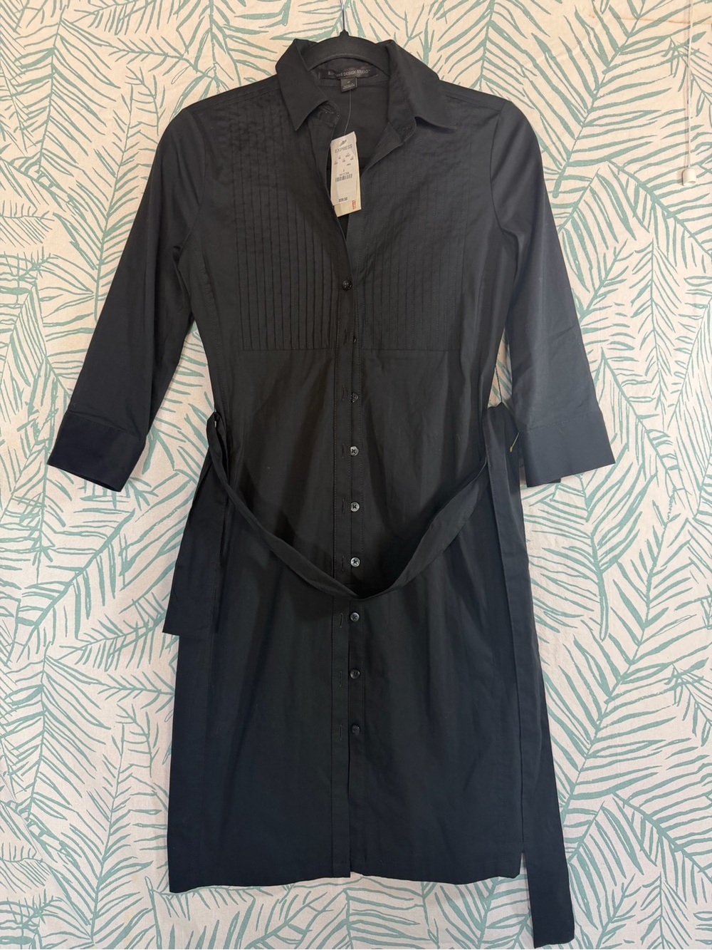 Express Black Long-Sleeve Shirt Dress with Self Tie